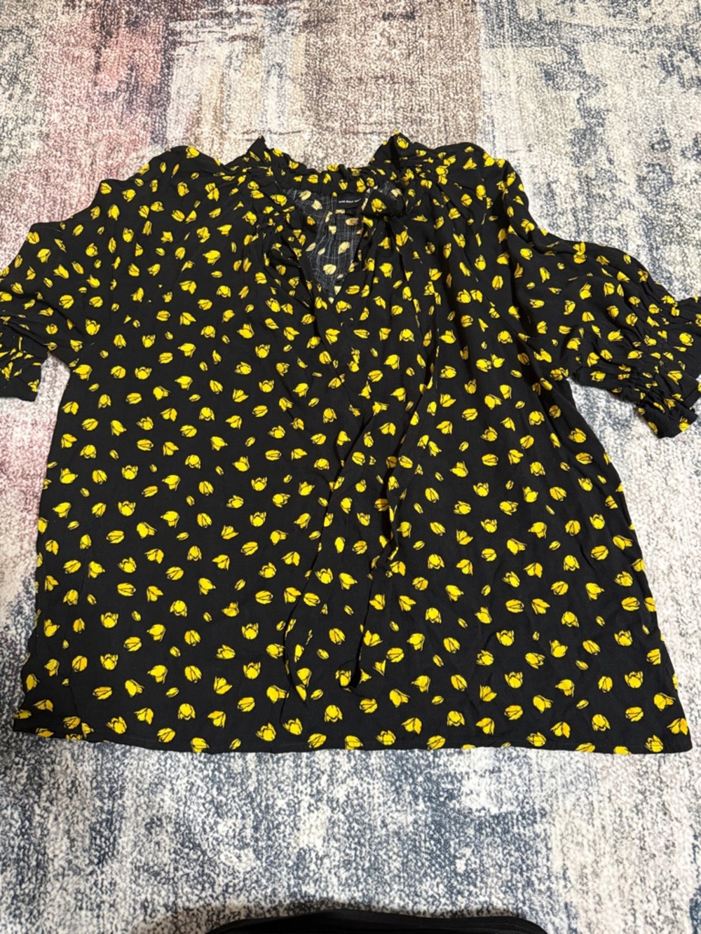 Who What Wear Black Blouse with Yellow Floral Print and Tie Neck